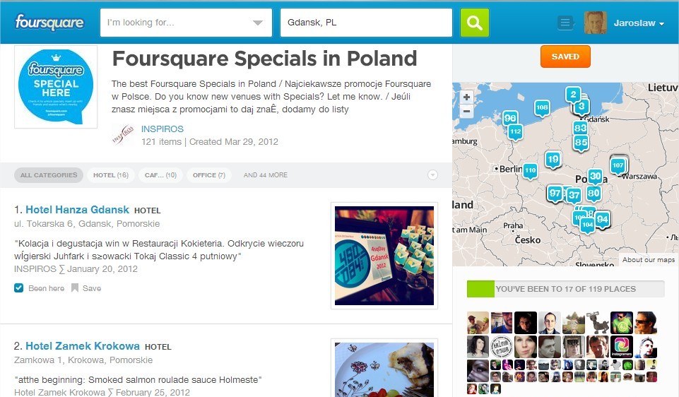 Promocje (Specials) za check-in na Foursquare w Polsce