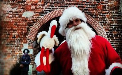Bocian, który został w Polsce. Bocian w Lublinie spotkał Świętego Mikołaja podczas Jarmarku Bożonarodzeniowego